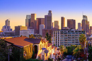 skyline of los angeles during sunset, california