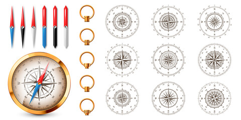Realistic golden vintage compass with marine wind rose and cardinal directions of North, East, South, West. Shiny metal navigational compass. Cartography and navigation. Vector illustration. © 32 pixels