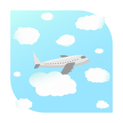 Airplane on blue sky background with white clouds. Flight plane in simple flat design