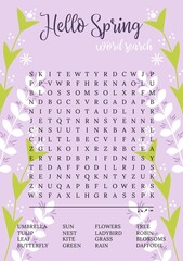 Spring word search puzzle with flowers. Logic game for learning English words.  Printable party card. Educational game. Crossword suitable for social media post. crossword, trivia, activity card. 