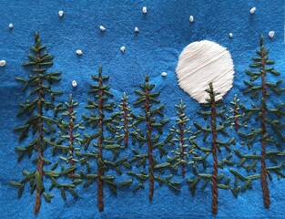 Night landscape in the forest - embroidery art