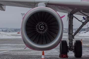 Aircraft jet engine with traces of operation and carbon deposits from fuel, turbine blades, airliner engine