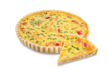Chicken bacon quiche with scallions on a white isolated background