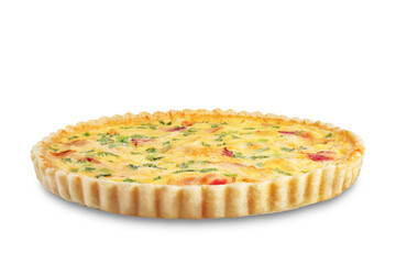 Chicken bacon quiche with scallions on a white isolated background