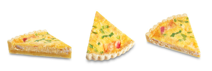 Chicken bacon quiche with scallions on a white isolated background
