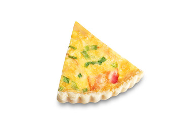 Chicken bacon quiche with scallions on a white isolated background