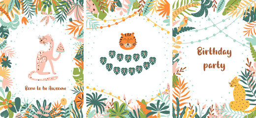 Jungle party set. Wild party invitation template. Wild birthday cards collection. Tropical birthday party invite. Jungle leaves border frame. Leopard, tiger, jaguar. Bright summer vector illustration. - 480038315