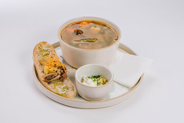 Sturgeon soup and tiger prawn