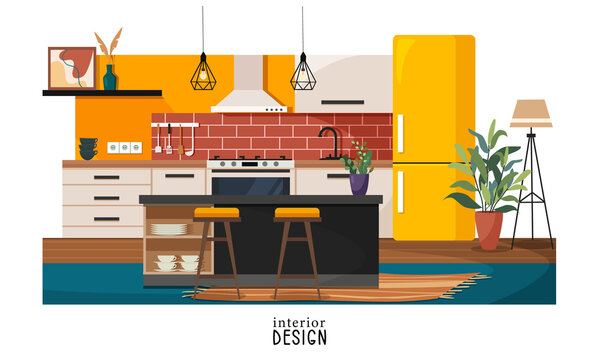 Modern kitchen interior with furniture and equipment.  
Vector illustration