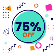 75% off - memphis style discount tag with colorful geometric shapes and white background