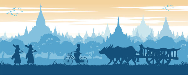 Asean scenery country background of Myanmar with Pagoda sea while monk on pilgrimage woman ride bicycle and man on cow cart,vector illustration - obrazy, fototapety, plakaty