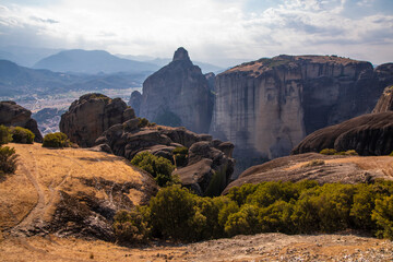 Beautiful scenic and breathtaking view of valley and landmark canyon of Meteora rock formations, Kalambaka, Greece.