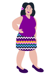 Vector graphics - a pretty plump woman stands and smiles in a casual pink jacket and skirt isolated. Concept model of plus size and body positive