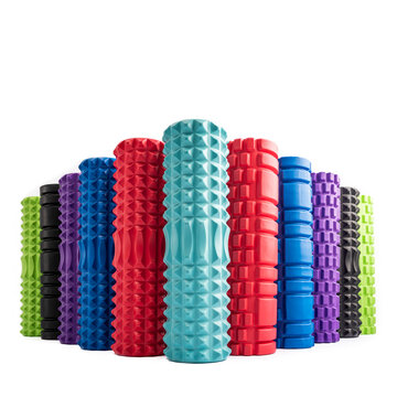 Foam roller for myofascial release on white background. Tools for self-massage. Equipment for MFR. Front view