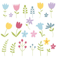 Spring flowers. Set Of different plants and flowers on white background. Vector illustration.