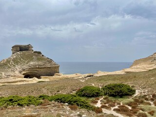 Fototapeta na wymiar Limestone cliffs at Capo Pertusatu close to Bonifacio. Corsica, France.