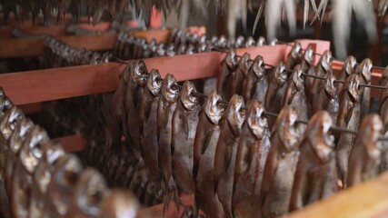 Fish Factory. Juicy Fish is Dried in the Manufactory. Preparation for Smoking. Dried salted fish.