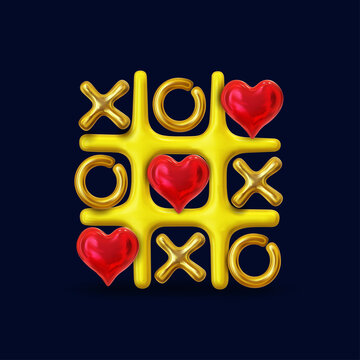 Concept of Valentines day gift card. Tic-tac-toe game. Background for the symbol of love. Xoxo. Red heart. Golden design elements for celebration and season decoration, cover, poster, banner. Vector.