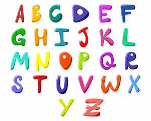 Multicolored English alphabet in cartoon style, isolated on a white background.