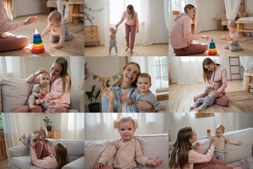 Professional nanny holding cute baby child having video call, communication online with parents. Babysitter playing toy with child, learning to walk, having fun at home. Child development concept   