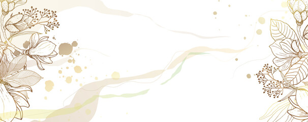 Luxurious golden wallpaper. Banner with a white background and beautiful golden stripes and spots. Golden wall flowers with a shiny light texture. Wall mural of contemporary art. Vector