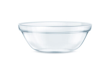 Glass bowl isolated on white background. Close up view of an empty transparent cup. Glass plate 3D rendering model, mixing bowl, glossy dish. Side or front view.