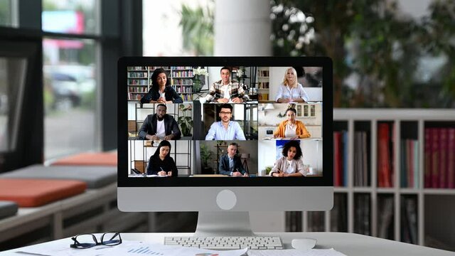 Online video conference communication. View of a computer screen with diverse multiracial successful business partners from different parts of the world gathered to discuss business issues, video call