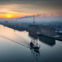 Scenery of the Martwa Wisla riverat sunset, Gdansk. Poland.