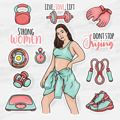healthy women sticker clip art collections set with fitness equipment