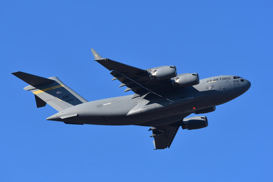 Tokyo, Japan - December 30, 2021:United States Air Force Boeing C-17A Globemaster III transport aircraft.
