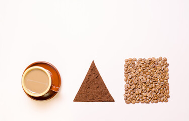 coffee, in a brown ceramic cup in a vintage Scandinavian style. Circle, square, triangle. Roasted and ground coffee beans. Concept.