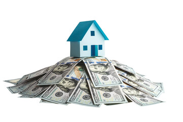 Model of a house on a pile of one hundred dollar bills isolated on white background