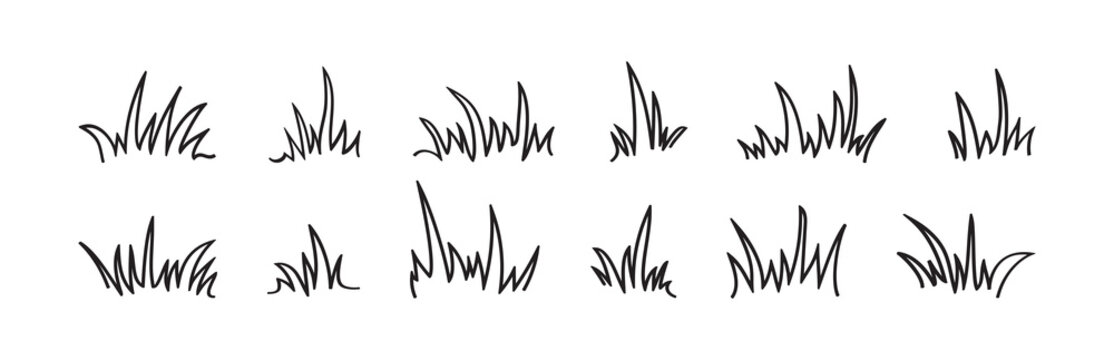 Grass bush line vector set hand drawn, sketch elements meadow and landscape, scribble lawn, black border outline design isolated on white background. Nature illustration