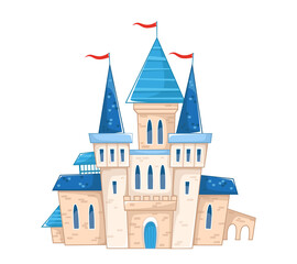 Cute cartoon fairy princess castle. The house of the king and queen is white with a blue roof. Isolate the palace on a white background. Vector illustration with outline.