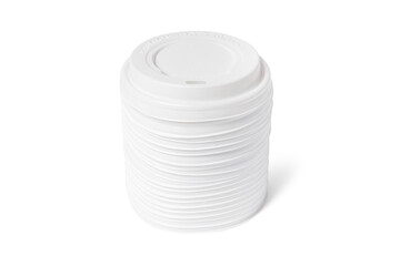 Plastic disposable top coffee cap lid isolated on white. Blank white disposable coffee cup lid mock up lying top view, 3d rendering. Empty drinking mug mock-up. Clear plain tea take away package.