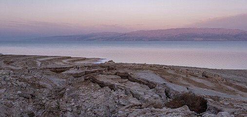 Eastbound view of the Dead Sea and the ancient Moab Mountain range (today in Jordan) at sunset hours, as seen from Ein Gedi  Youth Hostel,  Kibbutz Ein Gedi, Israel