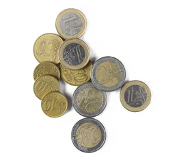 Euro coins, change isolated on white background, top view