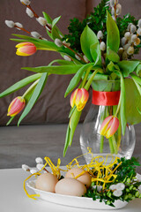 Happy Easter. Yellow-red tulips in a vase, tulipany w wazonie, czerwono-zółte tuipany