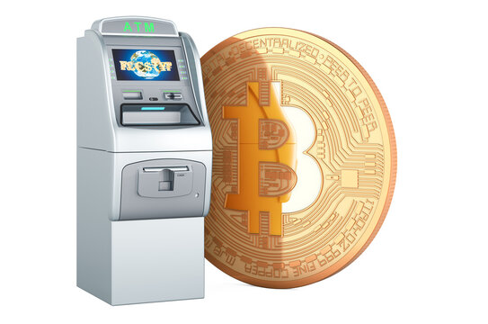 Bitcoin with ATM, 3D rendering