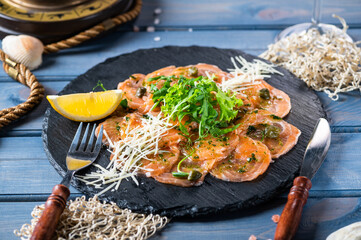 Salmon carpaccio with parmesan and capers-1