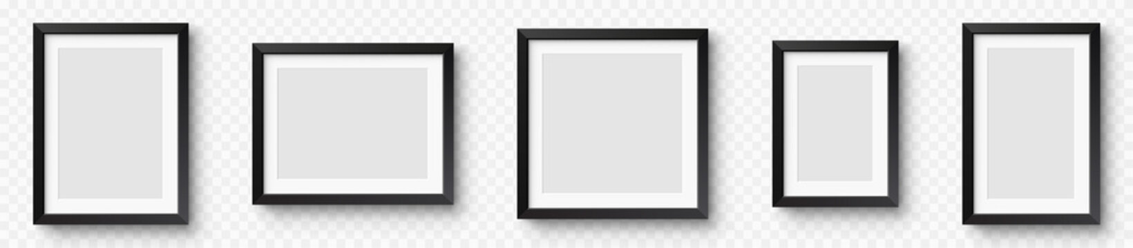 Realistic picture frame set. Collection mockup wall photo frames. Picture frames set with shadow. Photo frame with black borders - stock vector.