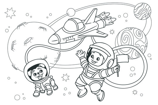 Coloring book ,Kid astronaut with a dog astronaut soar in space against the background of stars and planets. Vector illustration, black and white line art, cartoon