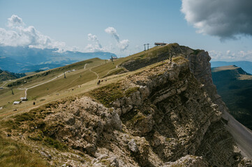 Fototapeta na wymiar Scenic landscape view of Secede mountain range in South Tyrol, Bolzano, Italy. Popular travel destination in Europe. 