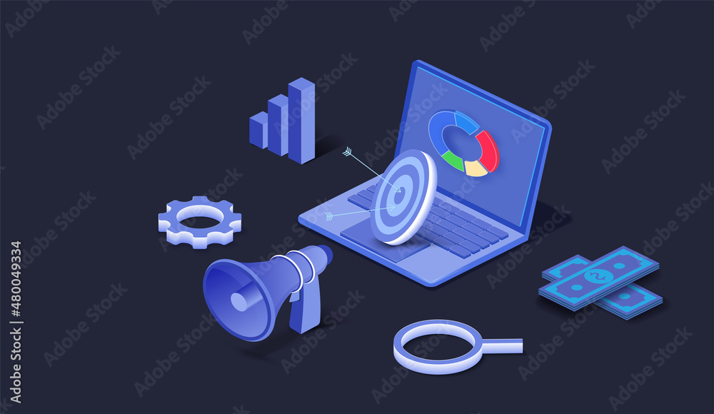 Aufkleber Business success.Financial review with laptop and infographic elements. SEO development or web page development concept. Vector isometric illustration