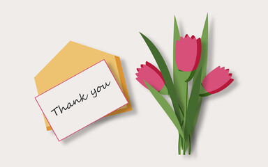 International Day of thank you. Bouquet of pink tulips and an envelope on a gray background. Modern spring polite postcard for the holiday of January 11th.