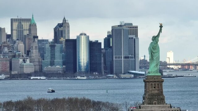 Aerial of the Statue of Liberty, Ellis Island (2022)