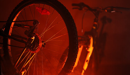 Bicycle wheel in a workshop. RGB effects.