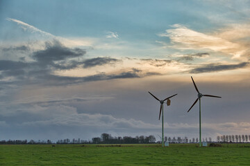 Fototapeta na wymiar Two wind turbines in a pasture, in the agricultural Dutch province of Groningen, silhouetted against the evening sky 