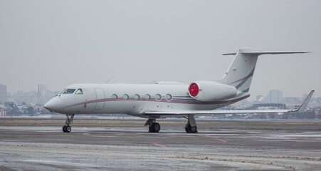 Fototapeta na wymiar Private jet airliner parked at the airport in cloudy weather