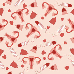 Menstruation hygiene.Menstruation concept. Seamless endless pattern.Vagina Symbol,female period with menstrual blood,sanitary pad,tampon,reusable cup. Feminism.Vector illustrations